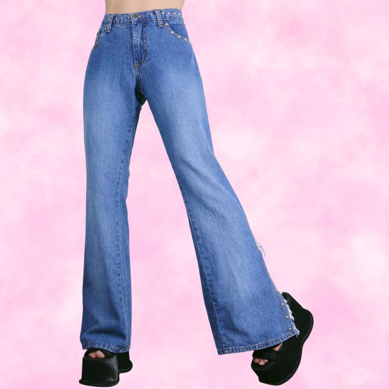 Studded Flare Jeans w/ High Slit Details