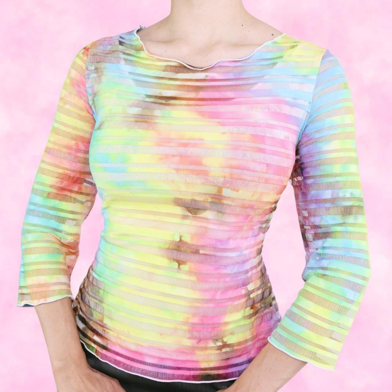 Rainbow Tie Dye Mesh Long Sleeve Top