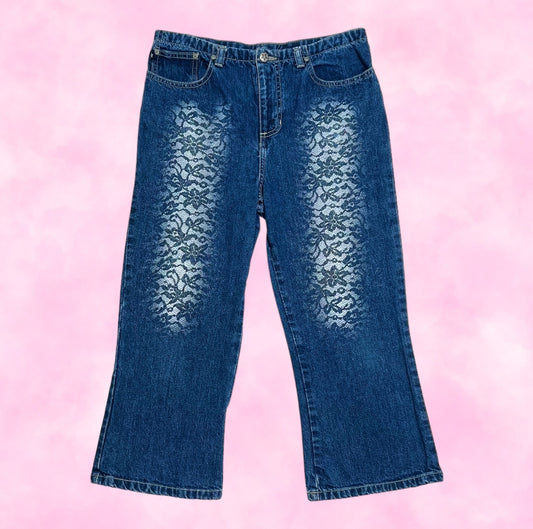 Lace Print Denim Capri Jeans