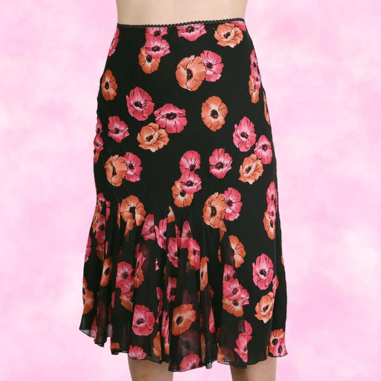 Pink & Black Floral Midi Skirt