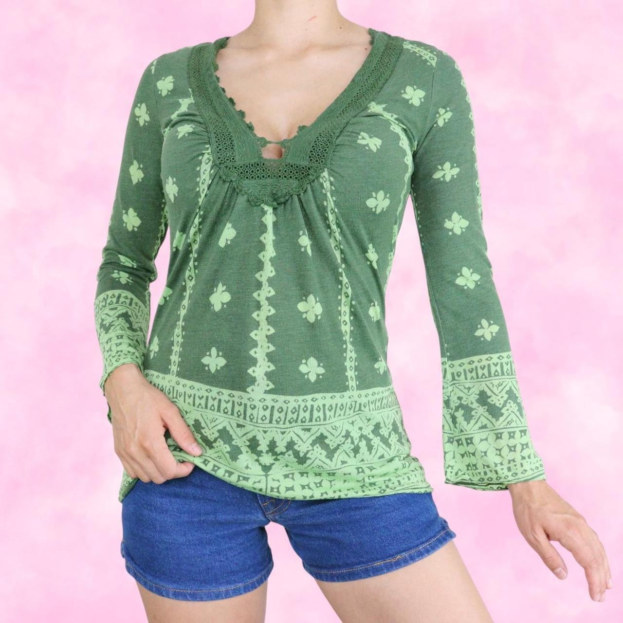 Green Boho Long Belle Sleeve Top