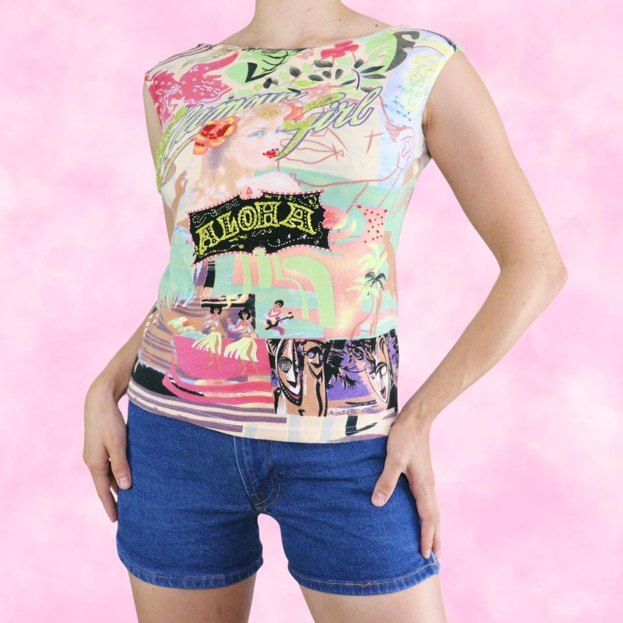 Euro Glamour Girl Aloha Beaded Graphic Tank Top