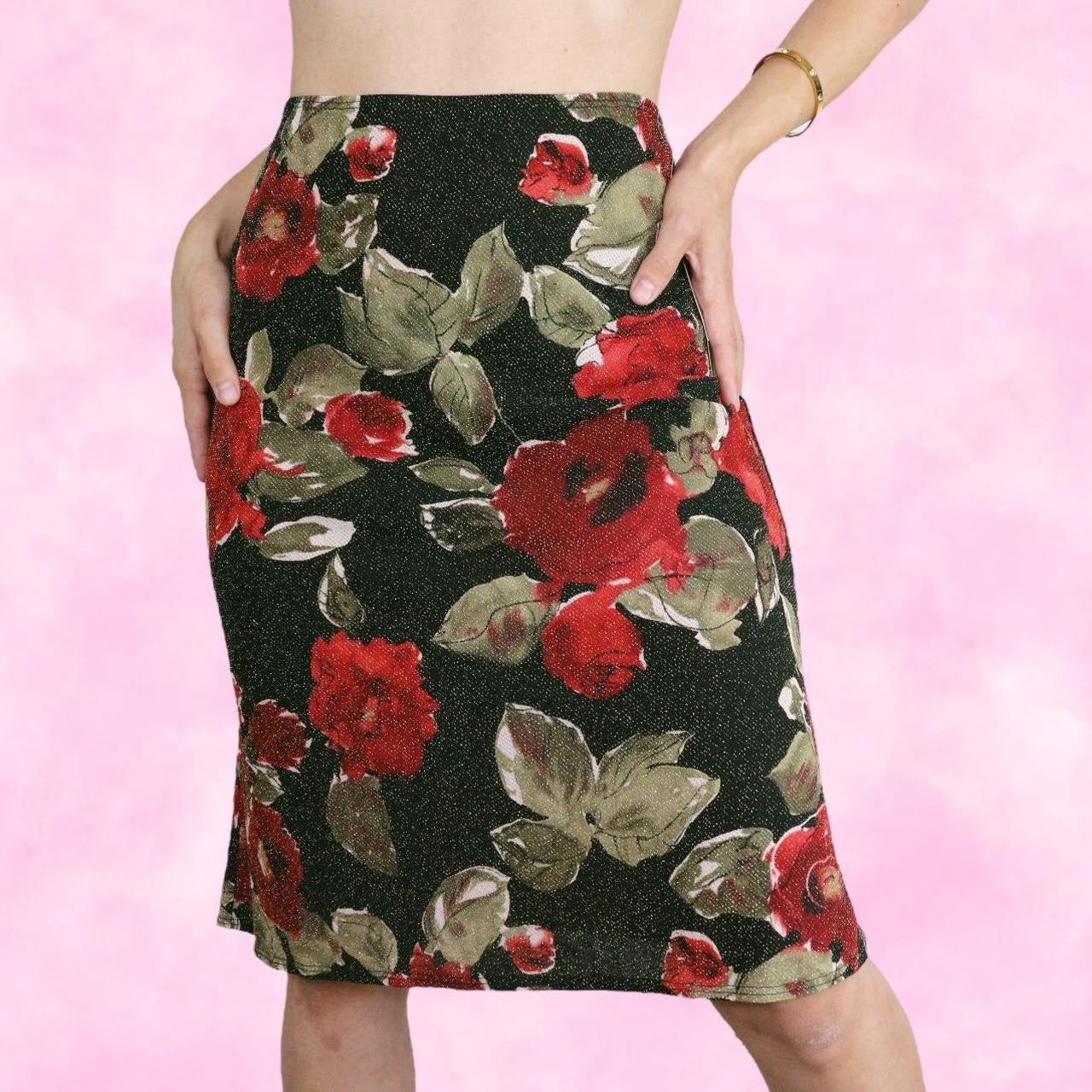 Dark Metallic Floral Midi Skirt
