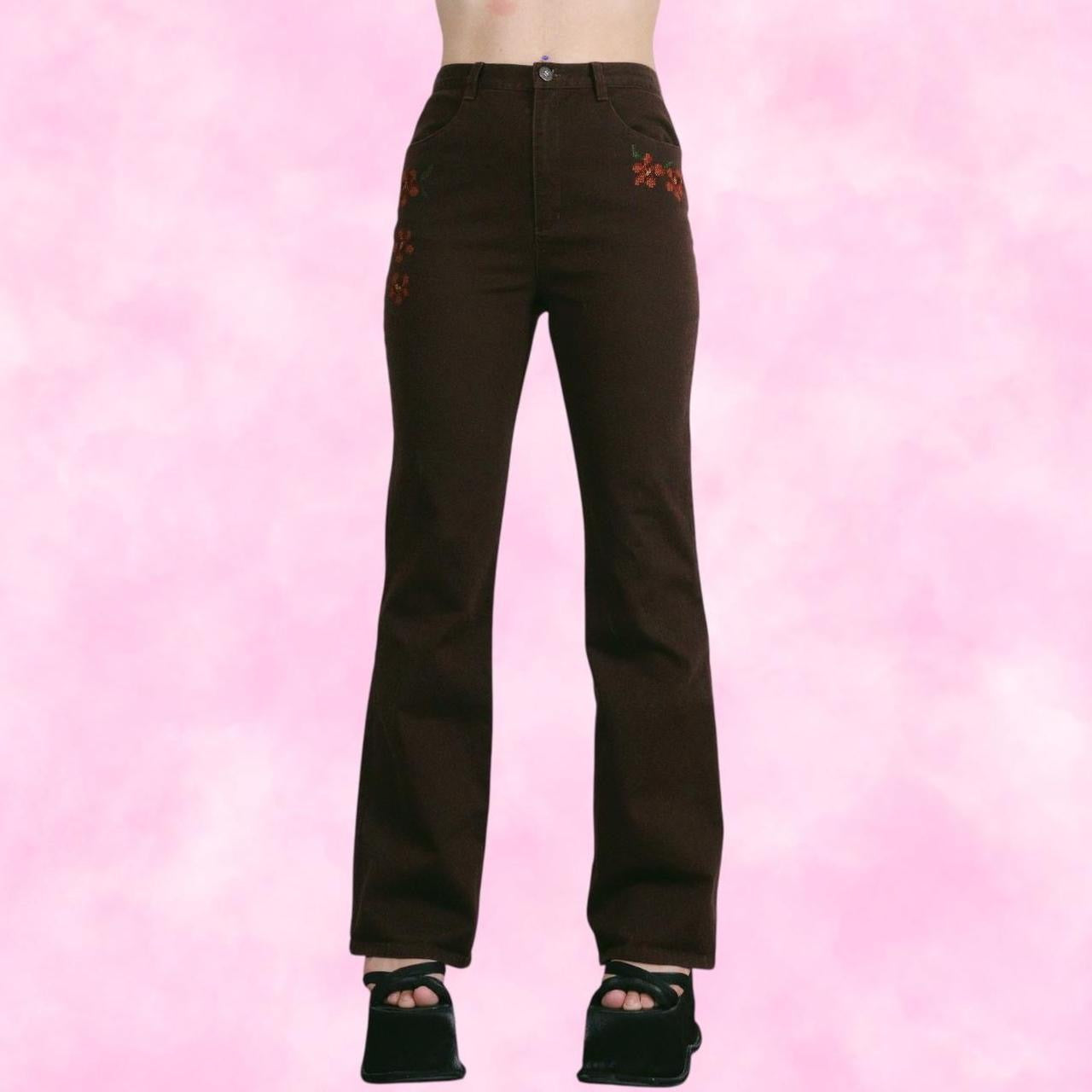 Brown Floral Embroidered Flare Pants