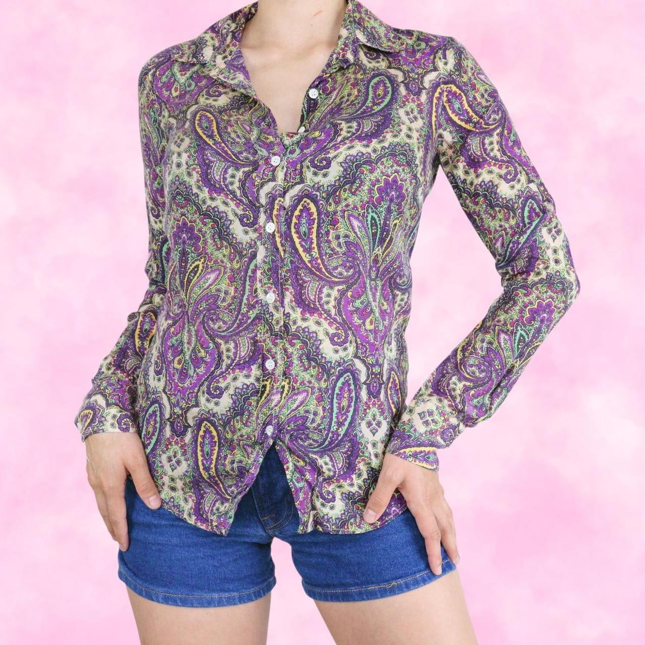 Purple Paisley Button Down Long Sleeve Top