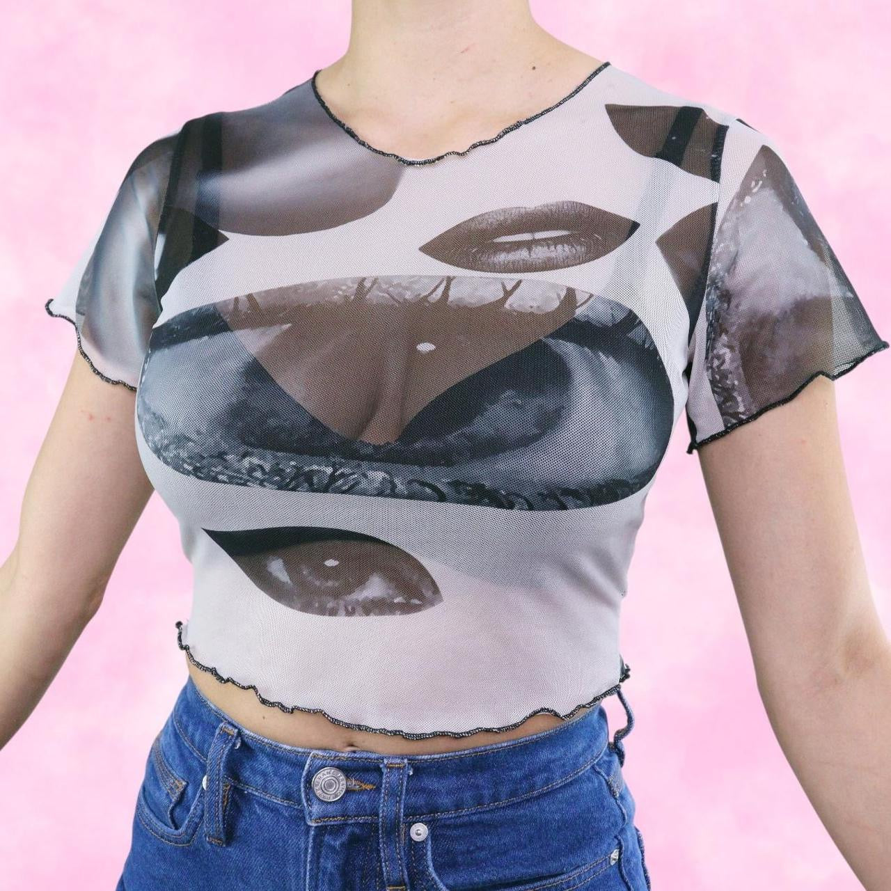 Digital Print Eyes & Lips Greyscale Mesh Cropped Tee