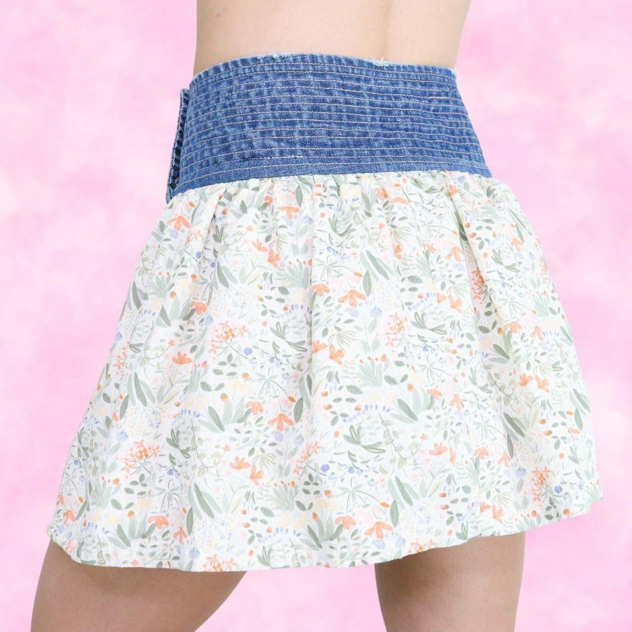 Denim Waist Floral Mini Skirt