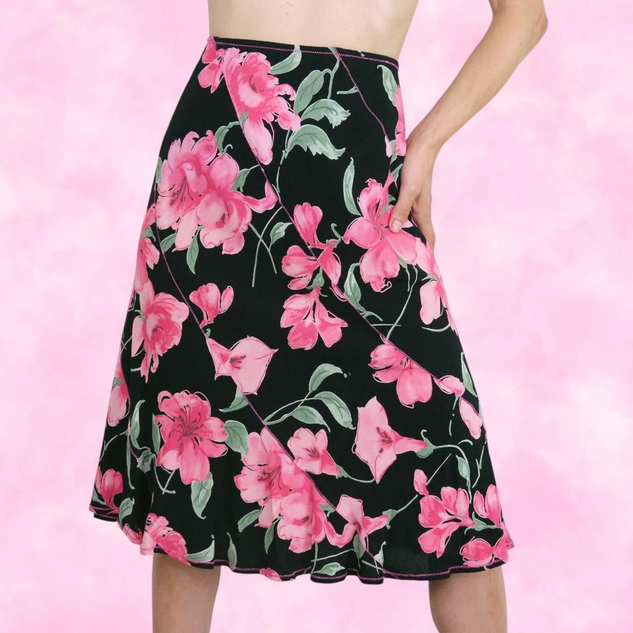 Pink and Black Floral Midi Skirt