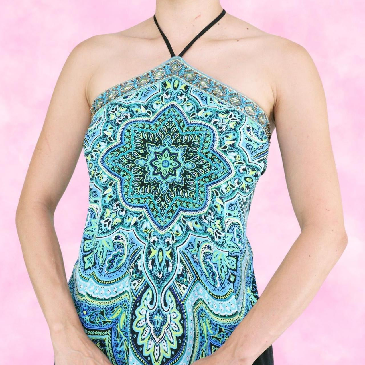 Aqua Paisley Beaded Halter Top
