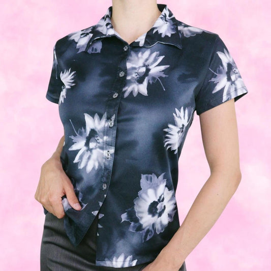 Dark Digi Print Floral Button Down Tee
