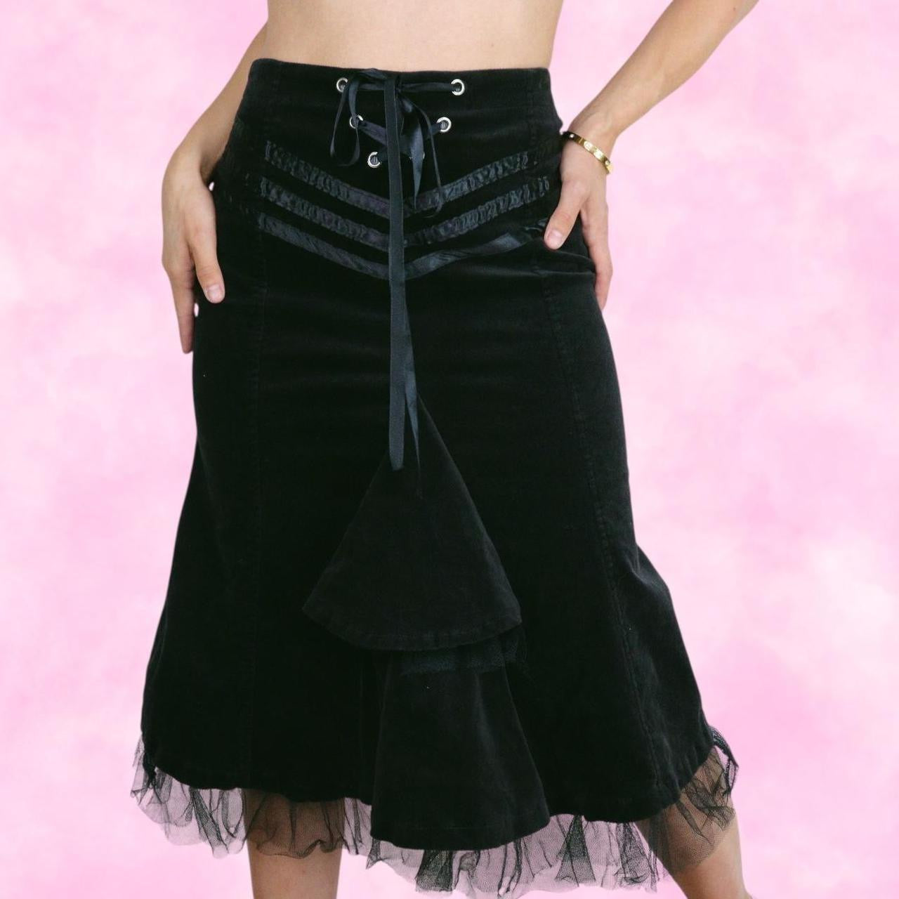 Witchy Black Velvet Lace Up Midi Skirt