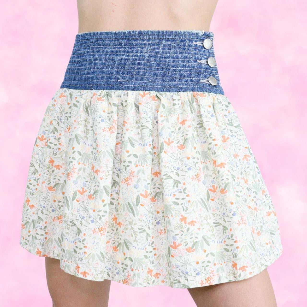 Denim Waist Floral Mini Skirt