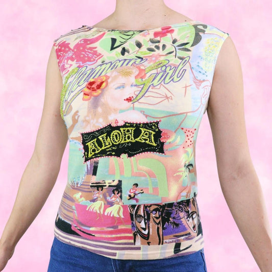 Euro Glamour Girl Aloha Beaded Graphic Tank Top