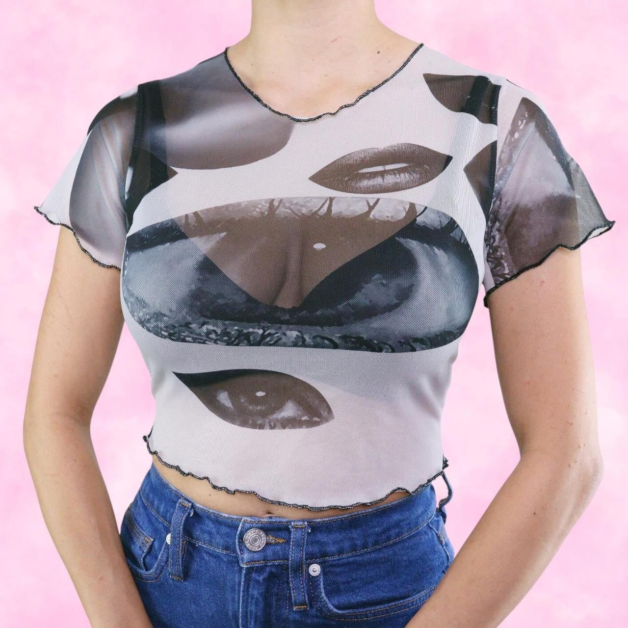 Digital Print Eyes & Lips Greyscale Mesh Cropped Tee