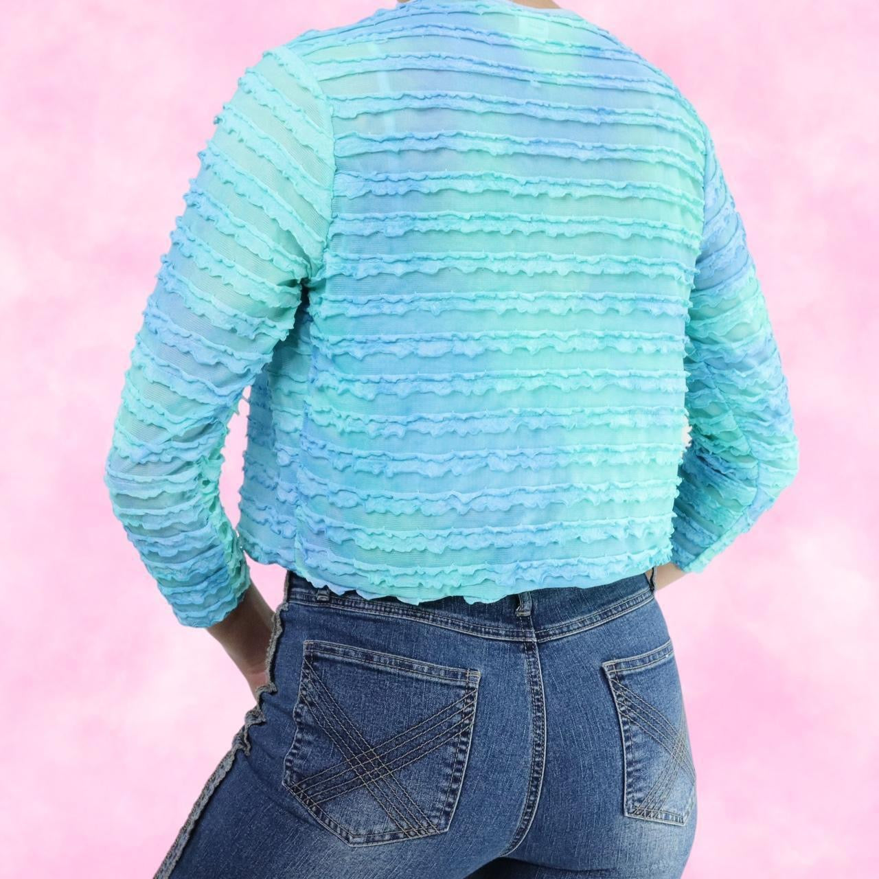 Tie Dye Ruffled Mesh Open Front Cardigan