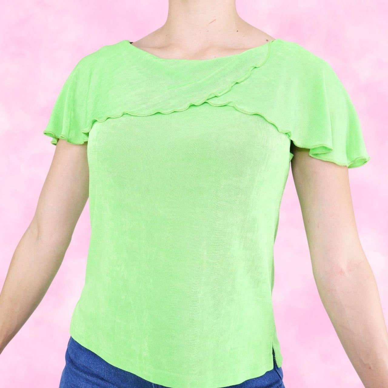 Slinky Lime Green Ruffled Boat Neck Top