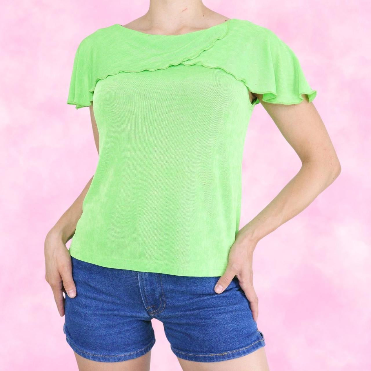 Slinky Lime Green Ruffled Boat Neck Top