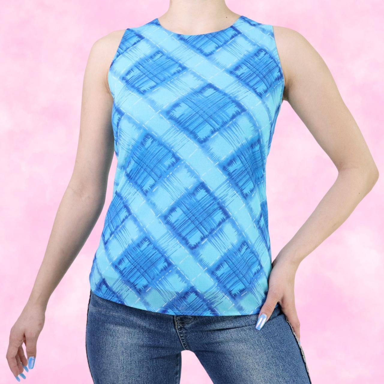 Aqua Plaid Mesh Tank Top